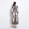 Лето Осень Женские Винтажные Принты Дизайнерские Подиумные Платья Воротник-стойка Однобортные Длинные Макси Праздничные Платья с Поясом