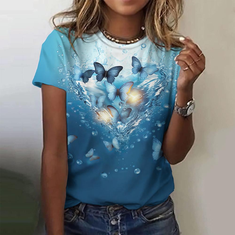 New O-neck 3d Butterfly Print T-shirt Women's Summer Fashion Short-sleeved Blouse Oversized Summer Clothing