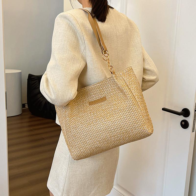 Trendy Korean Simple Design Woven Tote Bag Fashionable Beige And Khaki Options
