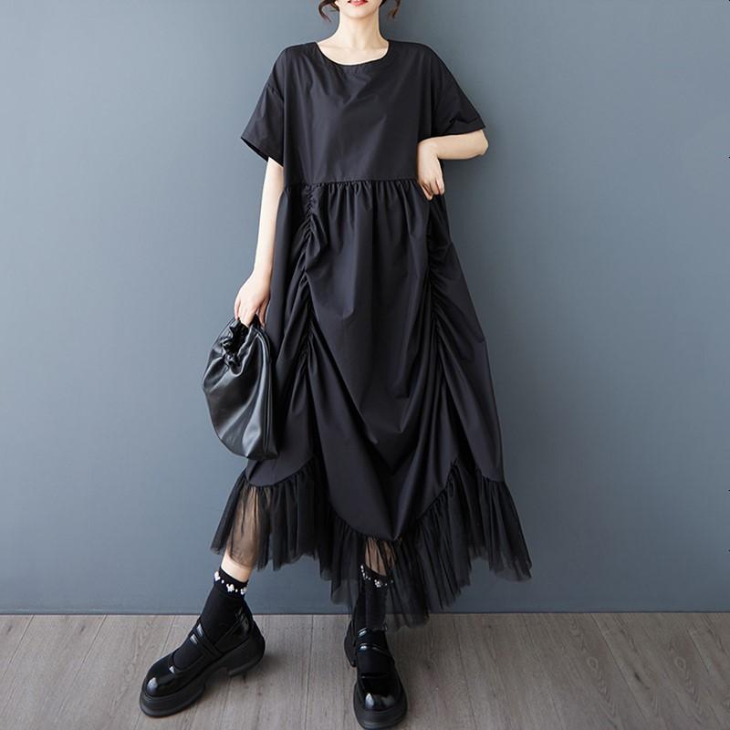 Черное винтажное новое платье больших размеров с коротким рукавом для женщин, повседневное свободное длинное летнее платье