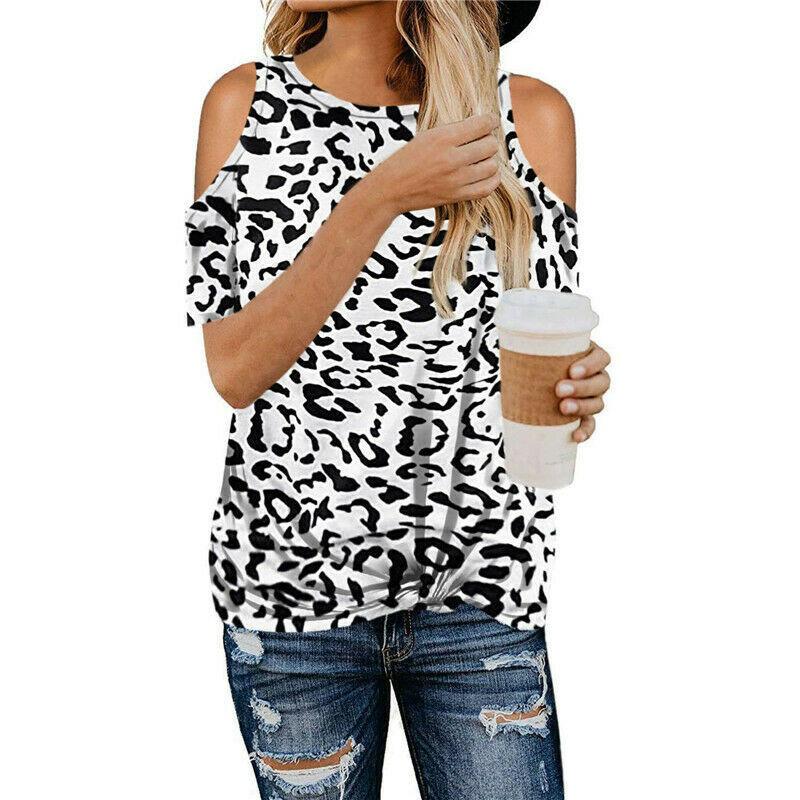 Stylish Women's Leopard Print T-shirt Featuring Cold Shoulder Design Perfect For Summer Wear