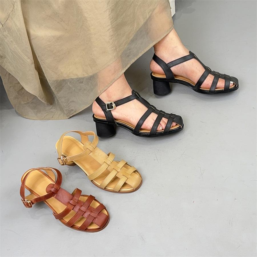 Johnature Универсальные римские сандалии на полом плетеном каблуке в стиле ретро, ​​удобная женская обувь на среднем каблуке из натуральной кожи