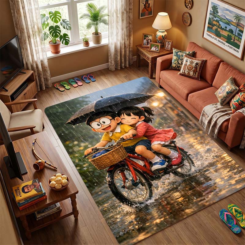 Doraemon & Friends Flying with Bamboo-Copter Area Rug, Non-Slip Floor Mat with Anime Print, Durable Carpet for Kids Bedroom