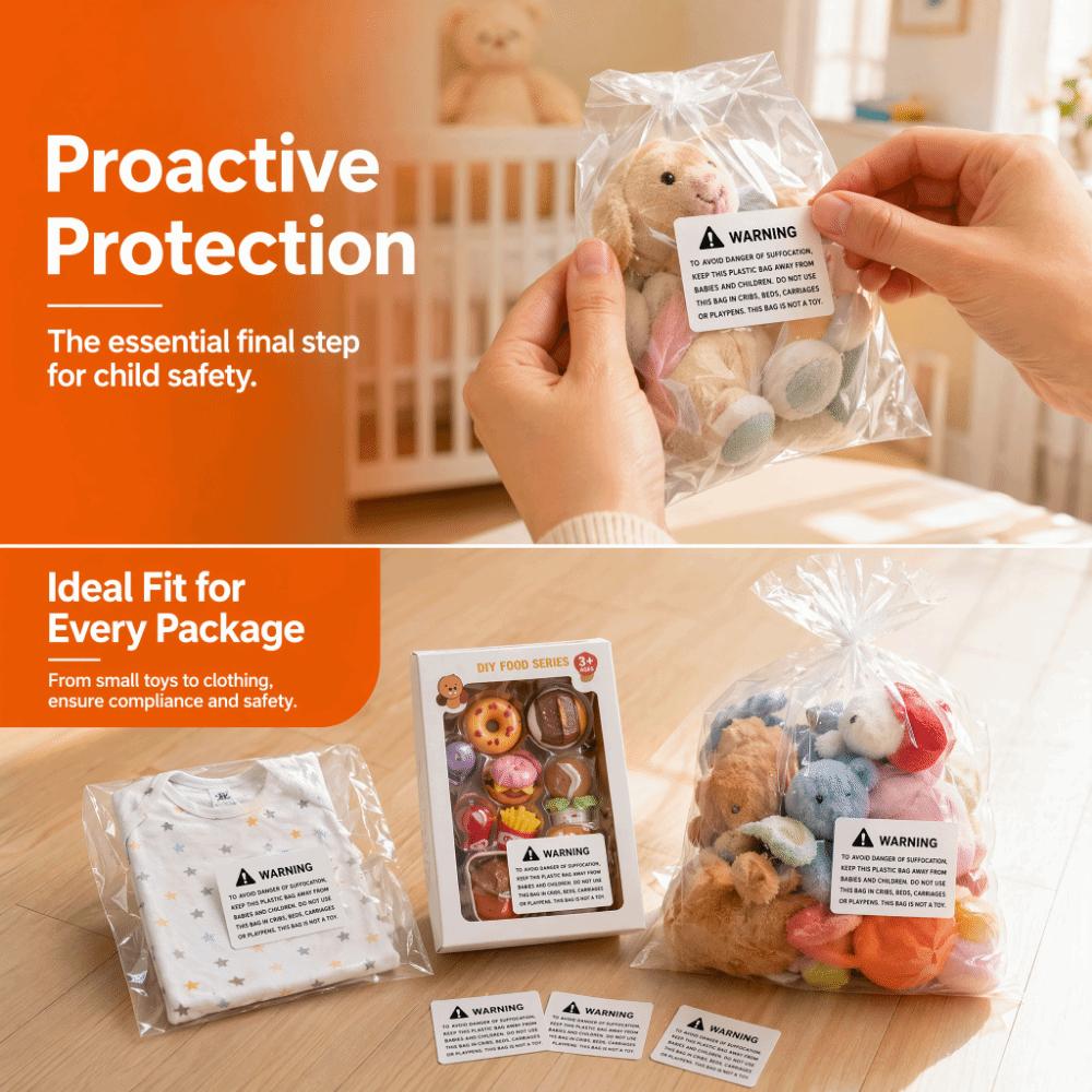 800Pcs Clear Printing Choking Warning Stickers Safety Warning Decals Plastic Packaging Bags