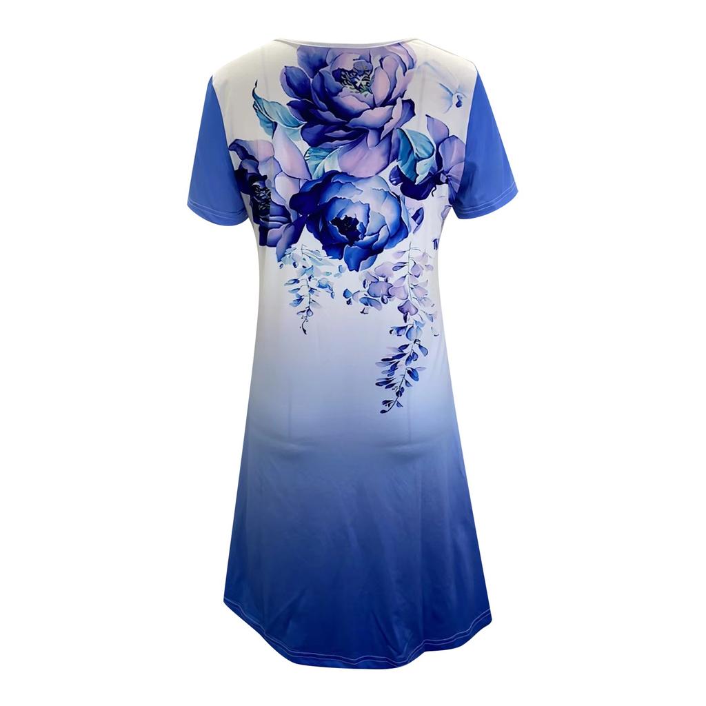 Women's Fashion Flower Print Large Size Short Sleeve  Length Dress Women's