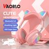 VAORLO Cat Ear Headphone Wireless Breathing Light Earphones Support TF Card Play With Nosie Cancel Microphone Low Latency Headset For Game