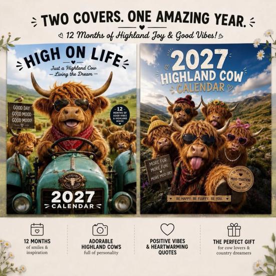 Настенный календарь 2027 «Корова Хайленд» Смешной календарь, Милое сельскохозяйственное животное 12 месяцев Офисный подвесной Шотландский планировщик для деревенского домашнего декора Искусство Гостиная