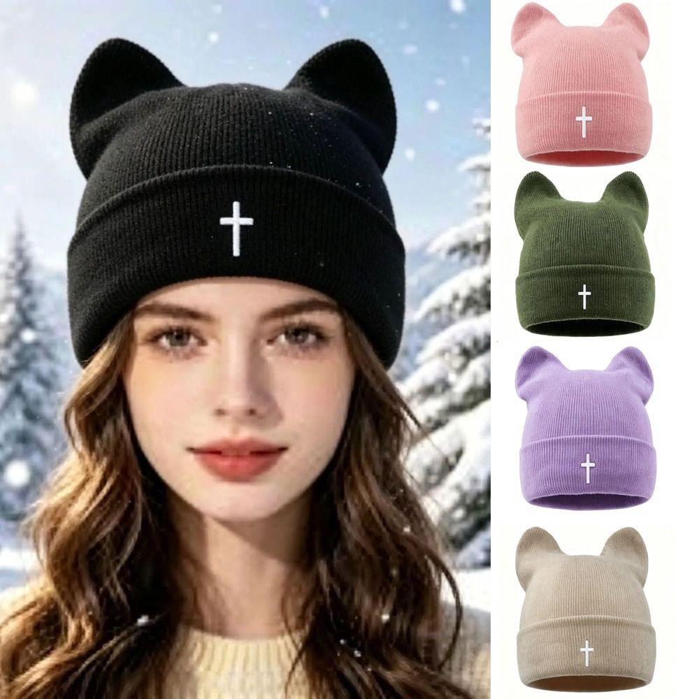 Thickened Cat Ear Beanies Cap Windproof Winter Bomber Hat Cute Knitted Woolen Hat for Women