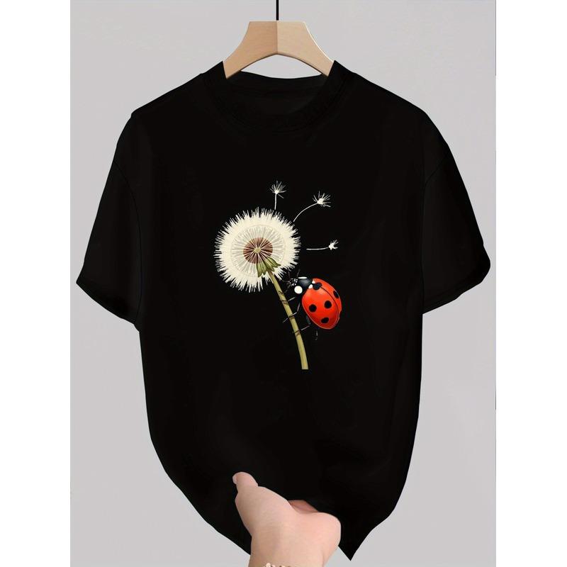 unisex Casual Black Cotton T-Shirt with Dandelion & Ladybug Print - Short Sleeve Round Neck Regular Fit Tee, Machine Washable All-Season Comfortable