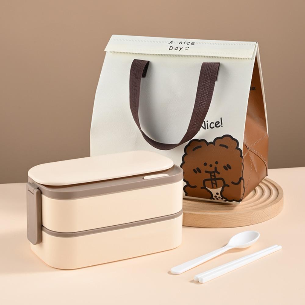 2 Layer 304 Stainless Steel Lunch Box with Tableware and Storage Bag Divided Food Container Rectangular Microwavable Picnic Box