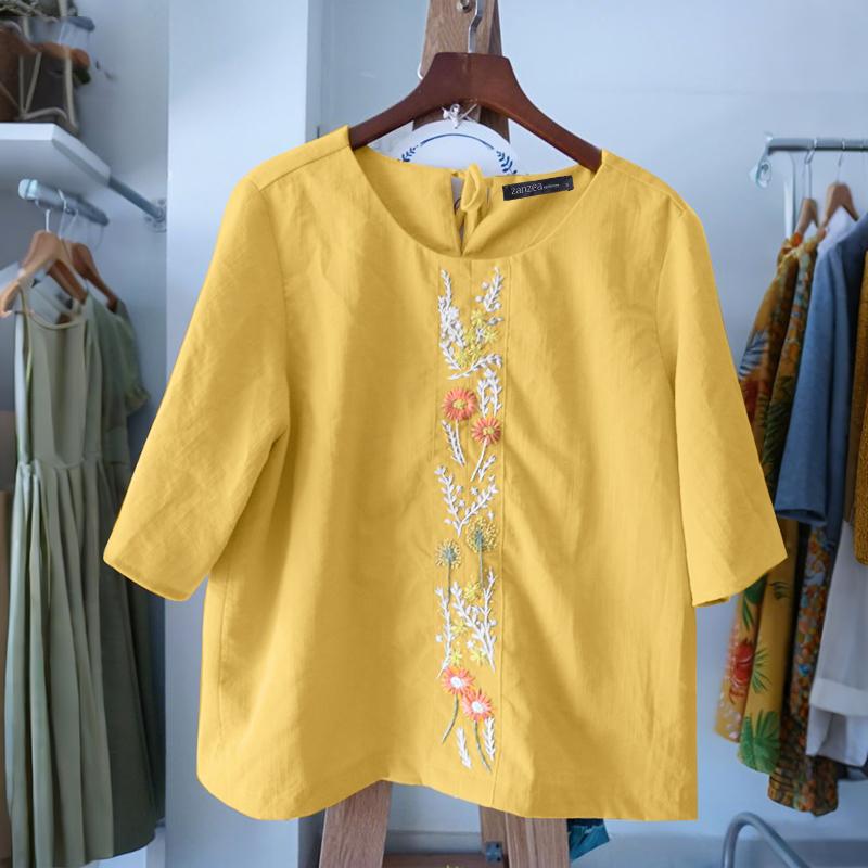 ZANZEA Women Casual Round Neck Floral Embroidery Loose Half Sleeve Blouse