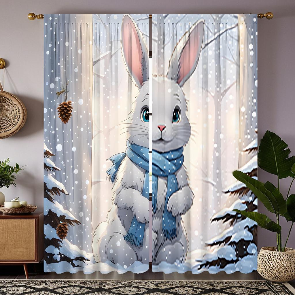 2 Pieces of HD Rabbit Curtain In the Snow White Tie Digital Printed Curtain Home Decoration Style Decoration Living Room Bedroom
