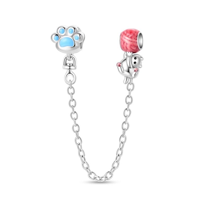 Colorful Cat Playing Ball Safety Chain Lamb Bead Moon Pet Dangle Charm Fits Original Bracelet & Necklace Zircon Gift