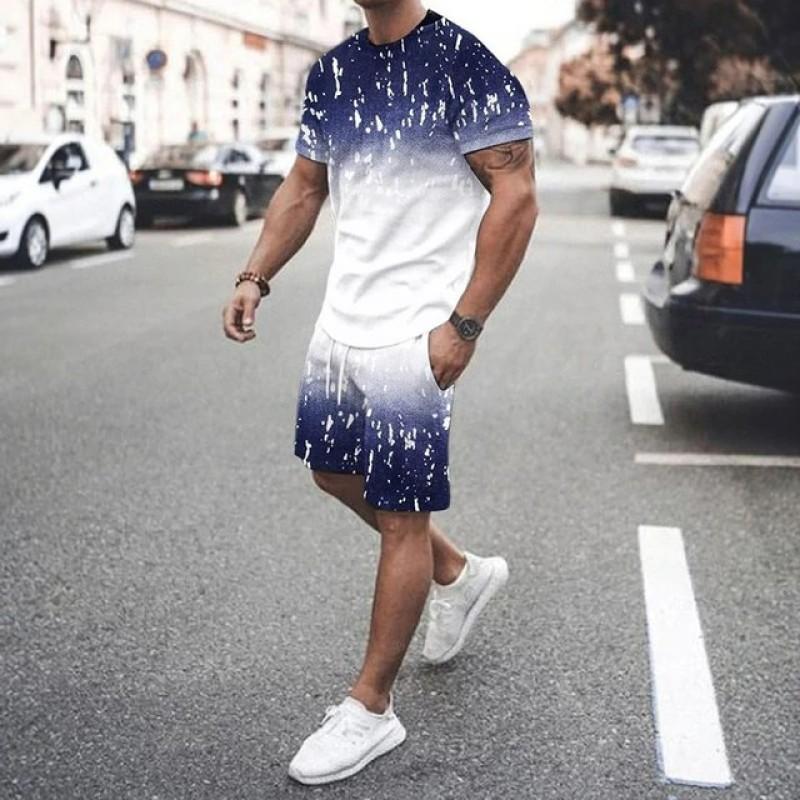 Летний Повседневный Мужской Взрослый Комплект с 3D Принтом Мужская Футболка с Коротким Рукавом Комплект Градиентные Крутые Повседневные Спортивные Шорты Двухпредметный