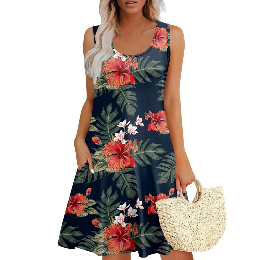 Women's Summer Casual U-shaped Tie Pocket Popular Floral Print Dress