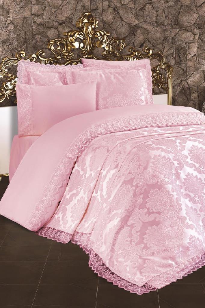 Lalezar Комплект покрывала из синели, покрывало 235x250 с наволочкой, жаккардовая ткань, полный размер, двойной размер розовый