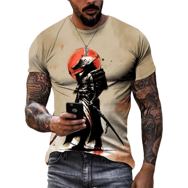 Personality Men's Samurai Pattern Print T-shirt Hip-hop Trend Fashion Round Neck Tops Summer New Street Casual Short-sleeve Tees