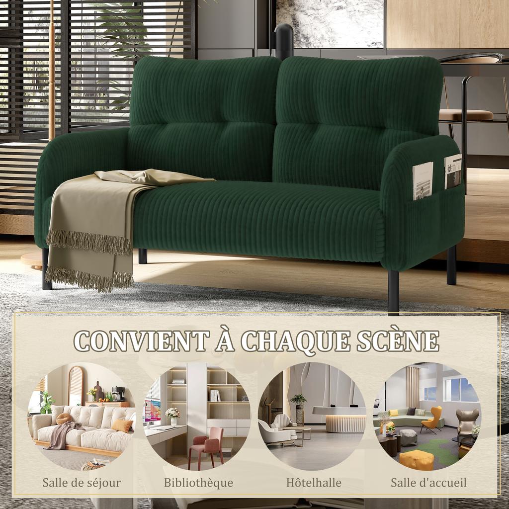 Corduroy Two-Seater, Comfort Upholstery, High Backrest & Side Pockets, Metal Feet, Inviting Softness, Optimal Support, Perfect for Home Office Lounges