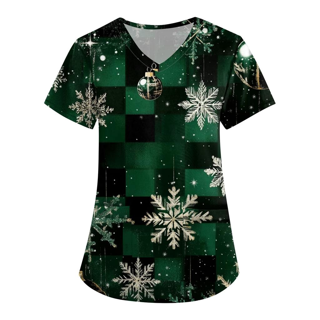 Женская симпатичная рабочая одежда с принтом, V-образным вырезом, двухслойными карманами, базовым коротким рукавом, пуловером на Рождество