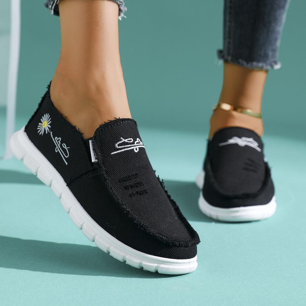 Women'S Casual Low-Top Sneakers with Washed Canvas & Daisy Design