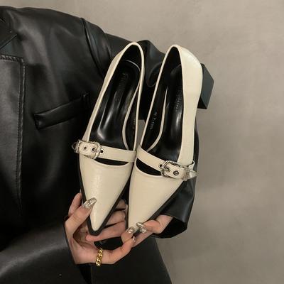 Толстый каблук черные туфли с острым носком на высоком каблуке женские 2025 новые корейские туфли французские маленькие кожаные туфли ретро мокасины для поездок на работу
