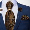 Gentlemen Necktie with Flower Lapel Pin Gold Black Tie Alloy Ring Silk Tie Hank Cufflink Set