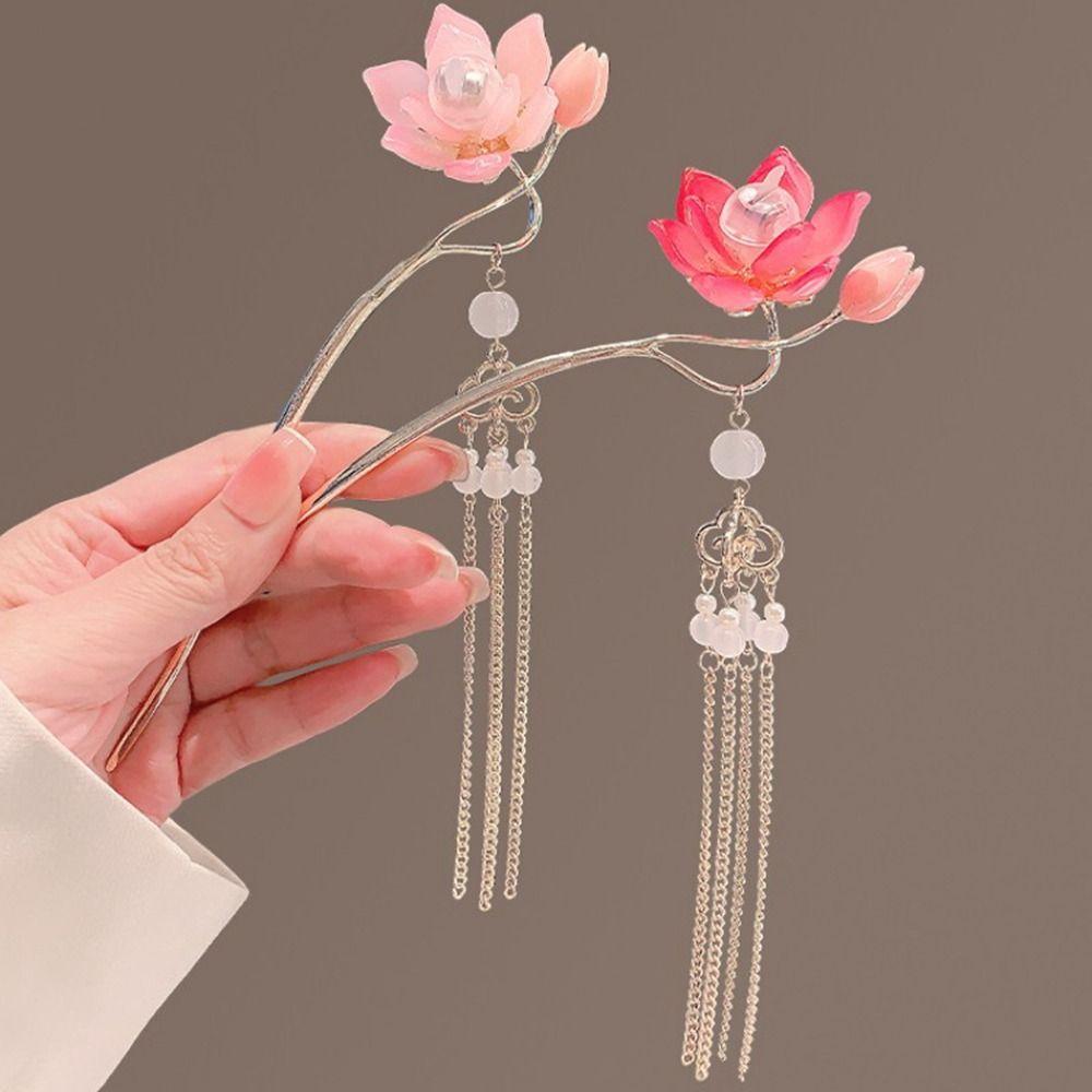 Zinc Zinc Alloy Lantern Hairpin Flower LED Light Hair Fork Exquisite Lotus Tassel Hair Stick Cheongsam