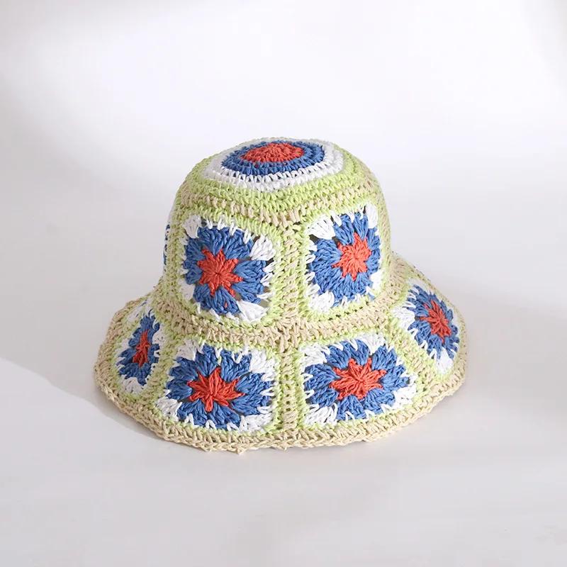 Japan Korea Crochet Beach Straw Hat Women Summer Flowers Grid Pure Hand-woven Hat Sunshade Fisherman Breathable Bucket Gorras