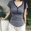 Корейская мода Полосатый V-образный вырез на пуговицах Приталенные футболки Женский летний топ с коротким рукавом Футболки Эстетика Y2K Новинка