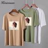 Hirsionsan Vintage Printed T Shirt Women Summer Chic Tees 100% Cotton Elegant Jumper Clothes Oversized Casual Pullover Top