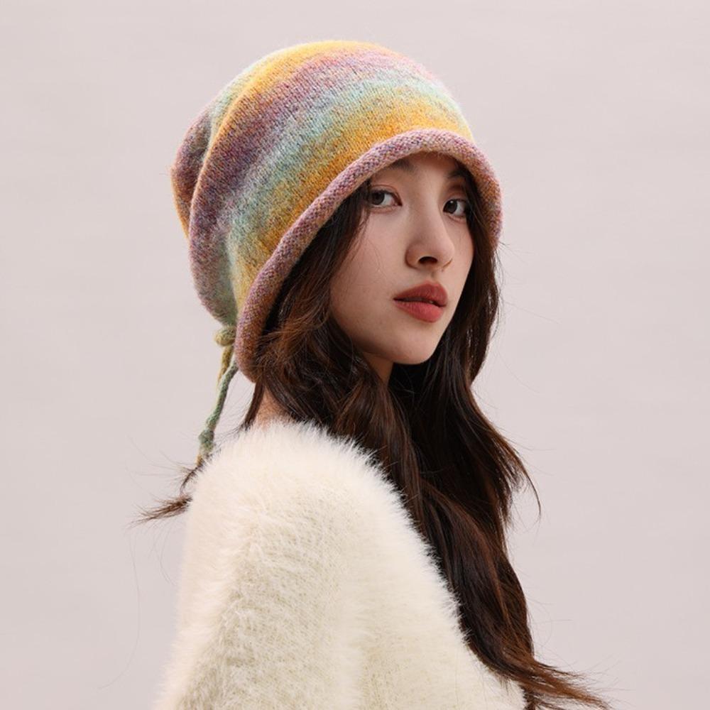 Gradient Color Beanies Skullies Knitted Drawstring Slouch Hat Fashion Bonnet Hat
