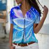 2025 Summer New Fashion Women's Leaf Printed Short Sleeve V-neck Casual Button-down Shirt Top