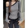Pure Desire Slanted Shoulder Sexy Striped Off-shoulder Long-sleeved T-shirt Women's Early Autumn New Design Niche Slim Bottoming Top