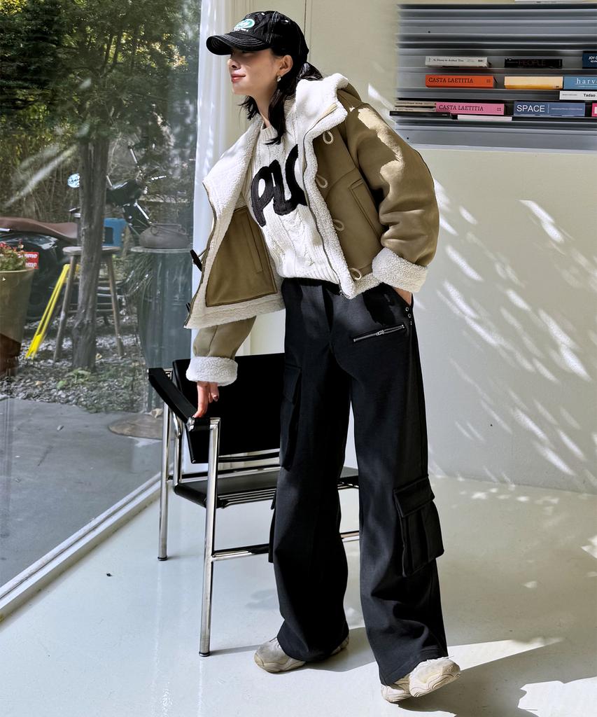 PLACE STUDIO Winter Big Pocket Eyelet Waist Cargo Wide Hidden String Work Pants_2 Colors