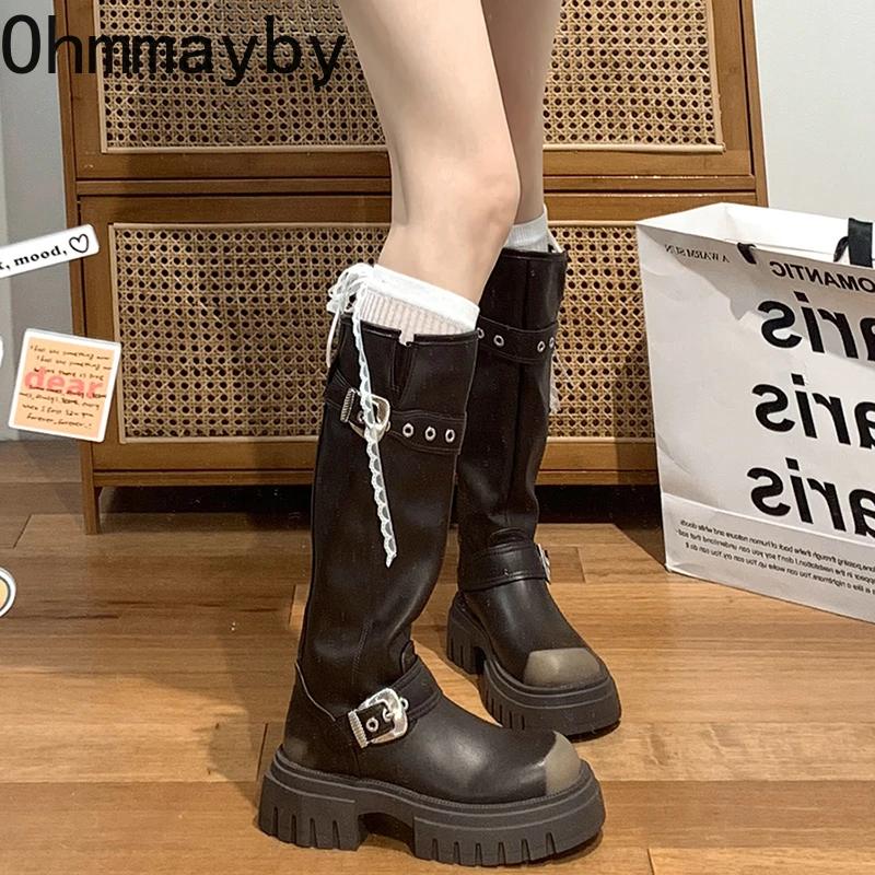 Fashion Vintage Platform Women Knee High Boots Fashion Belt Buckle Shoes Thick Heel Autumn Winter Ladies Knight Long Booties