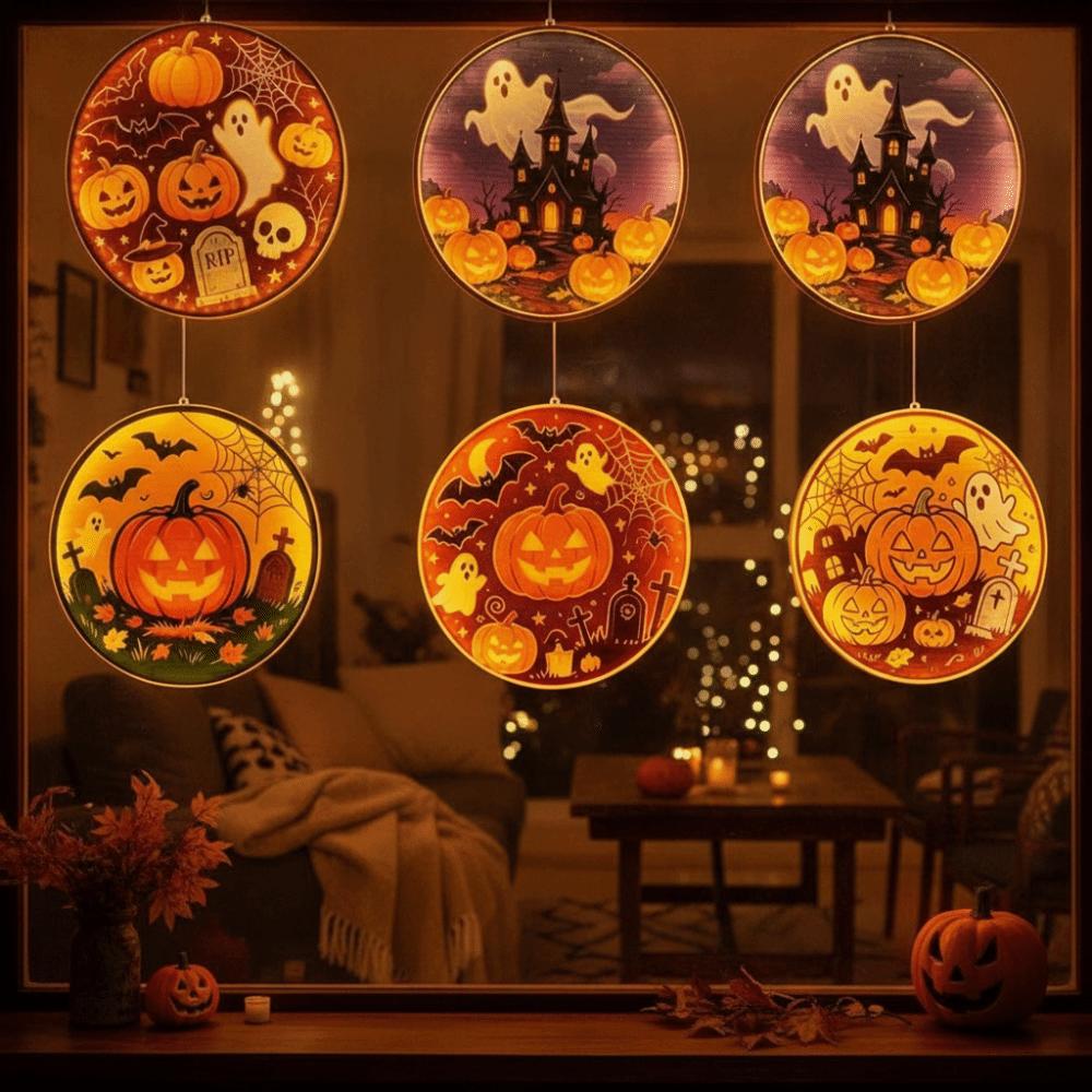 Warm Yellow Glow Pumpkin Hanging Lamp Ghost Silhouette Light Holiday House Decoration