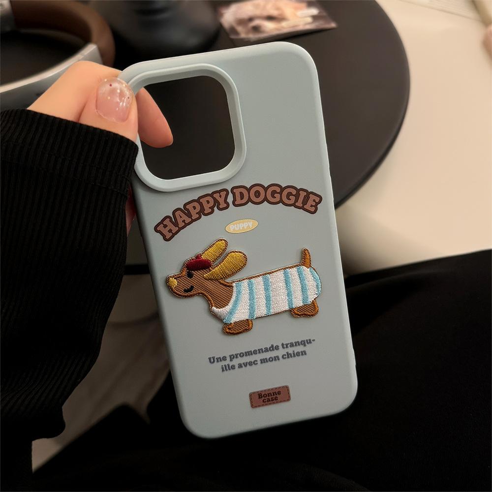 Dachshund Dog Embroidered Apple 16 Mobile Phone Case Ins Style Three Dimensional IPhone 17 Suitable for 13 Korean 15pro Max Soft