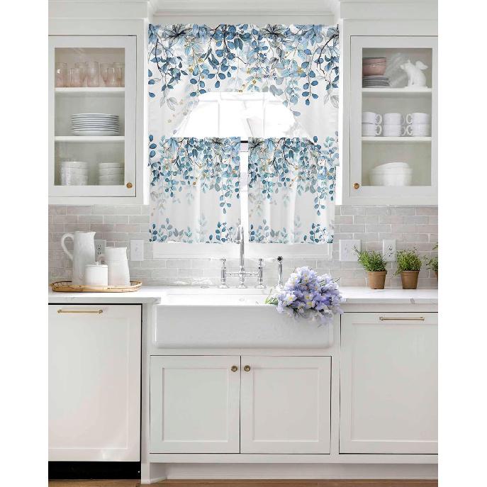 Kitchen Curtains Sets 24 Inch Length with Valance, Abstract Art Blue Leaves Branches Swag Valances for Windows and Tiers Curtain Set, Light Filtering