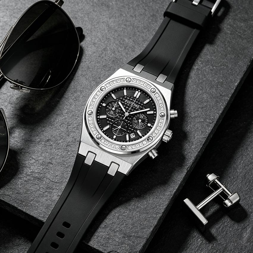 Men's Casual Watch Diamond Iced Bezel Quartz Wristwatch Sports Waterproof 30m Chronograph Fashion Silicone Band Reloj Hombre