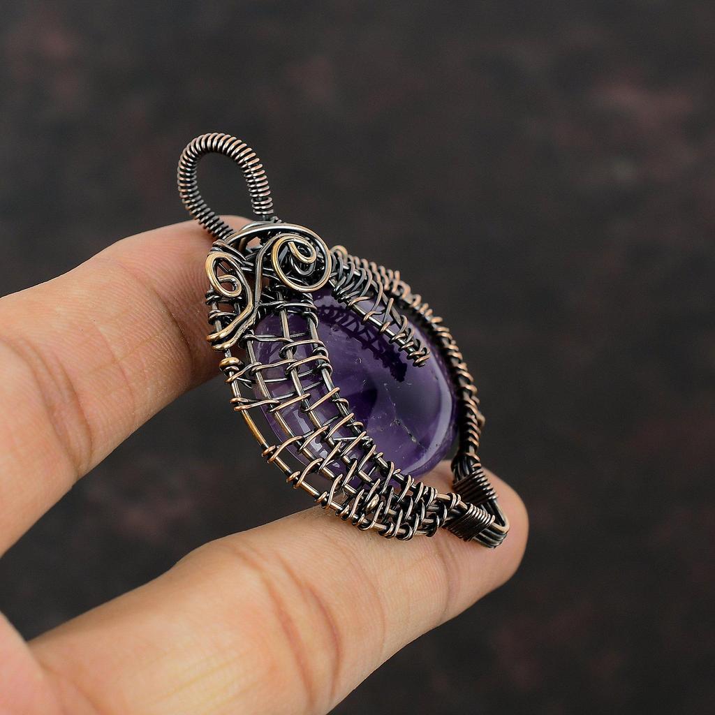 Подвеска со звездным аметистом, обернутая медной проволокой, подвеска с драгоценным камнем, медные украшения, потрясающая подвеска, подвеска ручной работы, обернутая проволокой, свадебный подарок