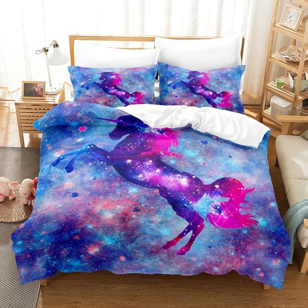 Комплект постельного белья с рисунком единорога из мультфильма King Queen Size, милый розовый, синий, сказочные животные, комплект постельного белья из полиэстера для девочек и детей