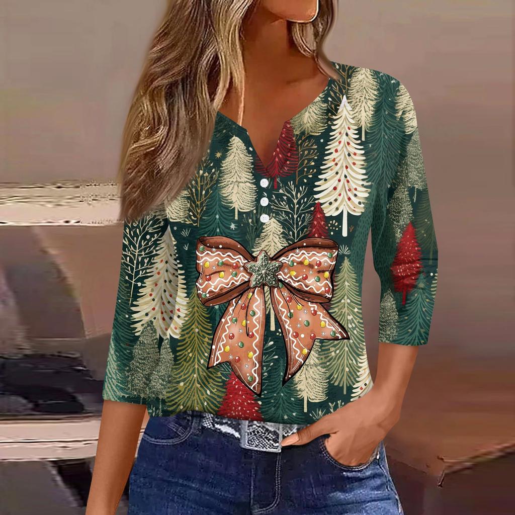 Женская рубашка с рукавом семь дюймов, напечатанная в стиле ретро, повседневная, свободная, с V-образным вырезом, рождественская