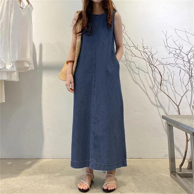 Summer Women Plus Size Dress Fashion Round Neck Pocket Sleeveless Loose Long Vest Denim Dresses