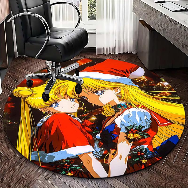 1pc Anime Christmas Sailor Moon Round Carpet Office Chair Mat, NonSlip Rug for Home Decor, Living Room, Bedroom