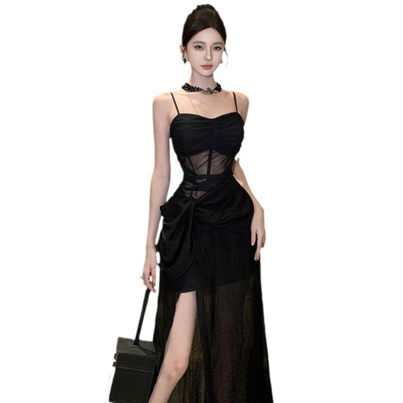 Sexy Black Suspender Dress Women's Summer Niche High-end Temperament Spice Girl Split-ended Long Dress