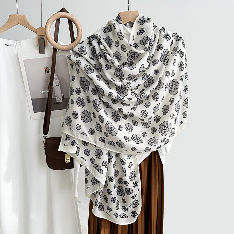 New Camellia Black and White Silk Scarf Cotton and Linen Feel Scarf Autumn and Winter Warm Fashion Shawl Scarf