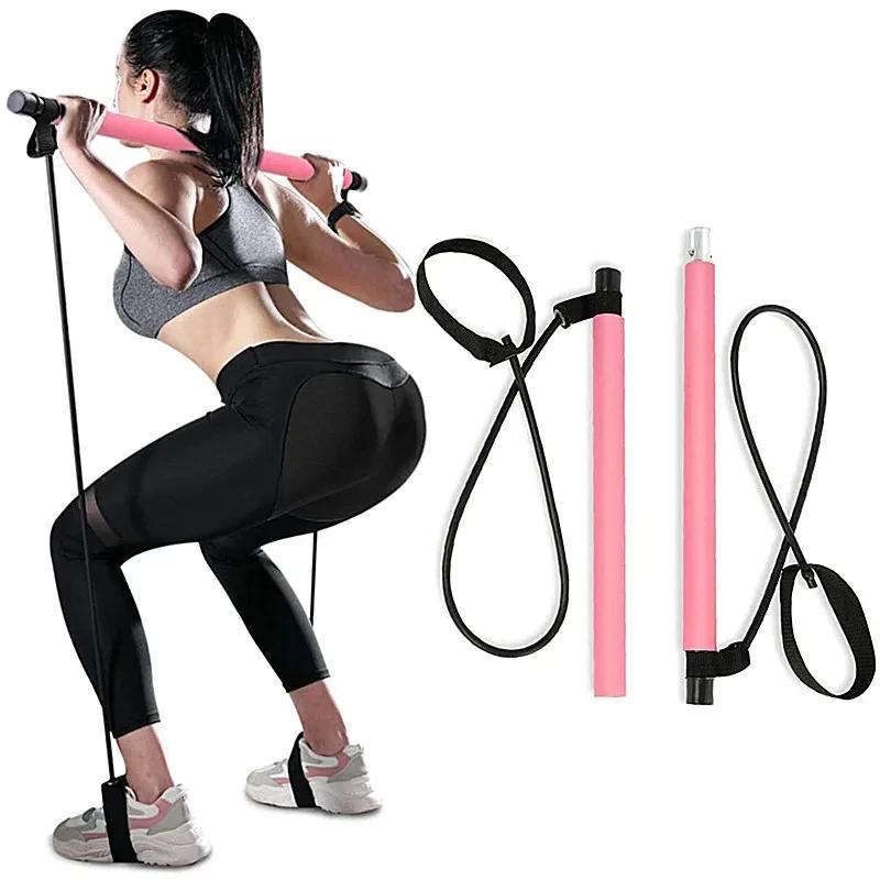 Portable Yoga Pilates Bar Stick with Resistance Band Home Gym Muscle Toning Bar Fitness Stretching Resistance Bands Set Workout