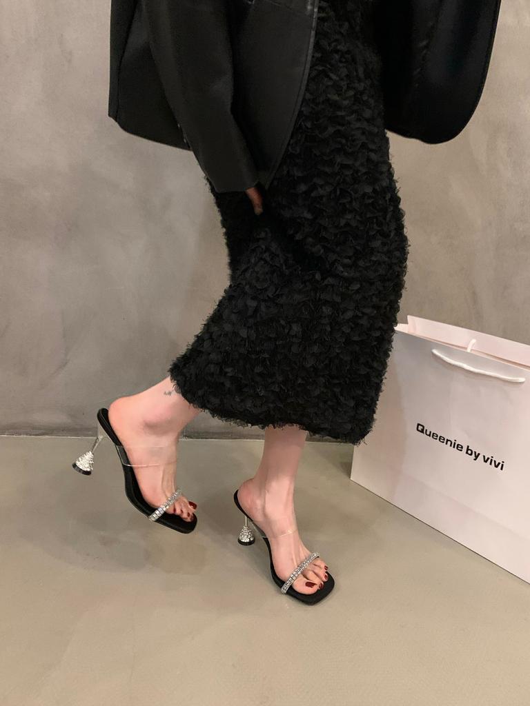 Niche High-end Transparent Belt Slippers Women's Shoes Wear 2025 Summer Rhinestone Sandals High-heeled Sandals