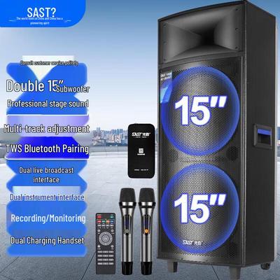 SAST ST-1507 Уличная портативная колонка 2x15 дюймов с двумя микрофонами, штекер CN (адаптер в комплекте)