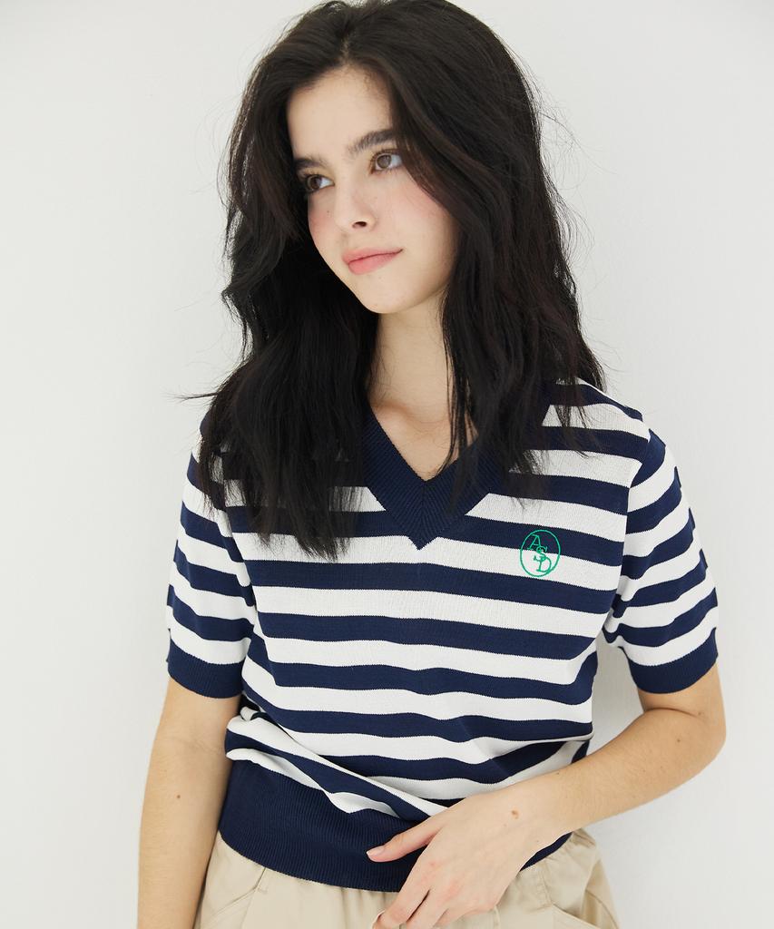 AWESOME STUDIO V-Neck Striped Knit Navy